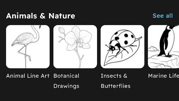 The Explore tab, with line art grouped into categories