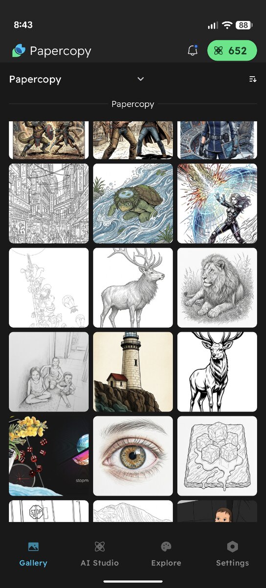 The Papercopy gallery tab, showing a grid of line drawings and illustrations